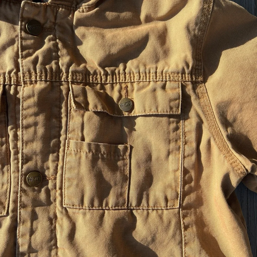 Vtg Walls Duck Canvas Hooded Work Jacket Tan Plaid Lined Chore Coat Men's Small